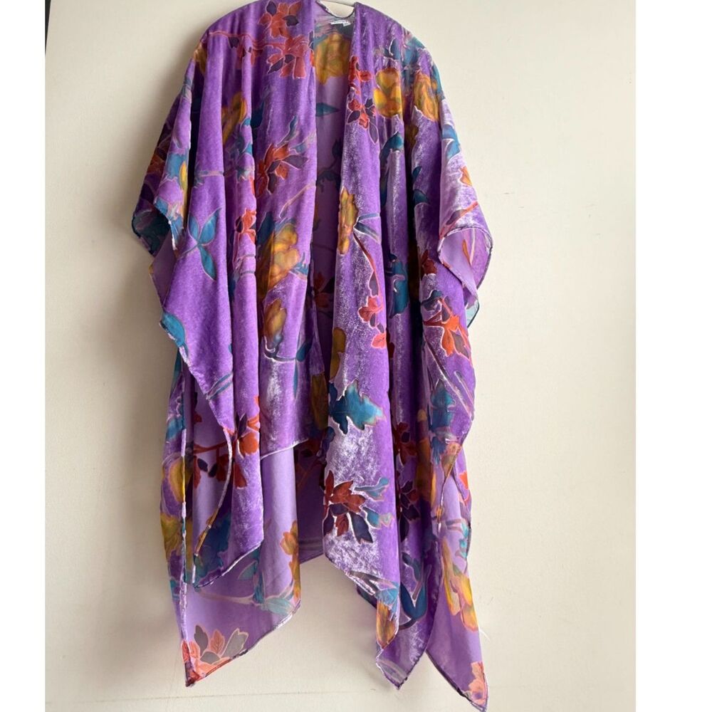 Boho Romantic Floral Velvet Lavender Burnout Kimono Duster Sz OS